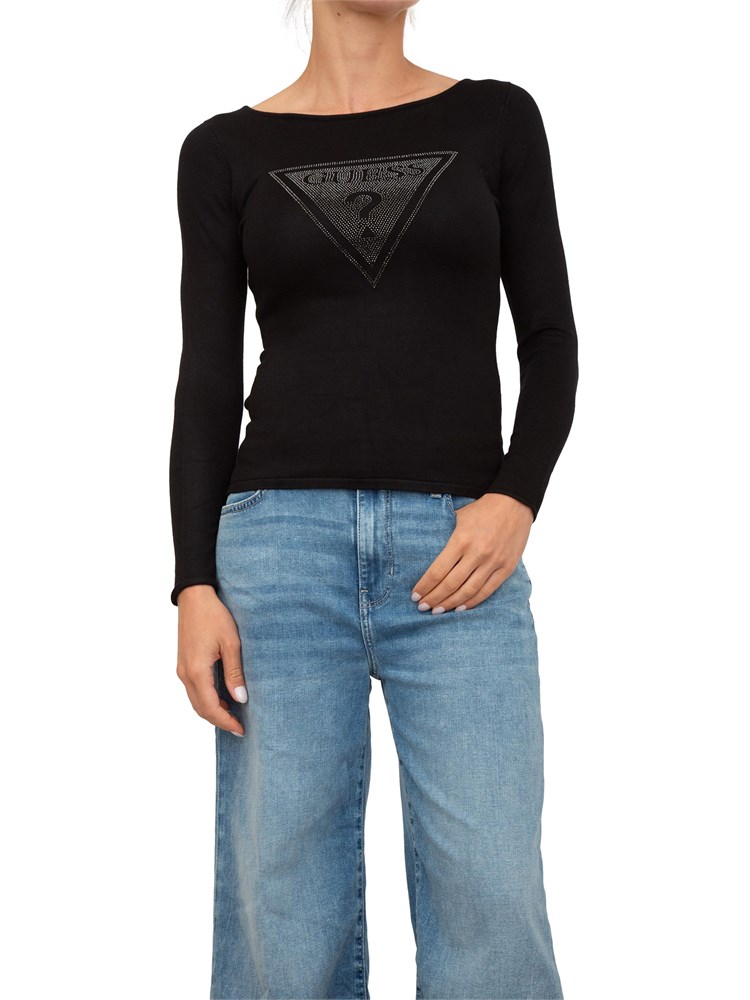 Maglia nera manica lunga Guess Jeans logo triangolo davanti