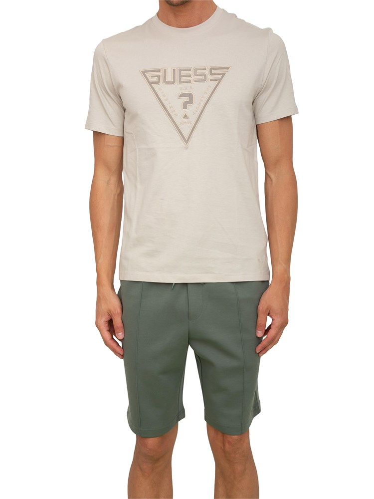 T-shirt uomo Guess Jeans in cotone beige con maxi logo davanti
