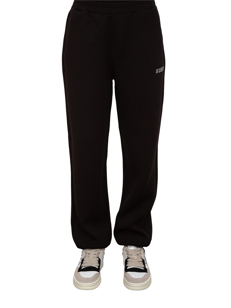 Pantalone jogger nero Guess Jeans donna con logo strass