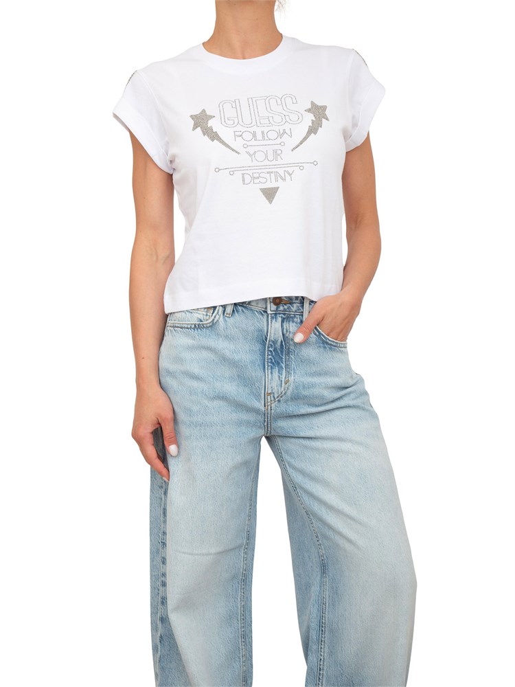 T-shirt donna Guess Jeans in cotone bianco con logo strass