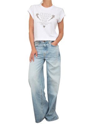 T-shirt donna Guess Jeans in cotone bianco con logo strass in DONNA