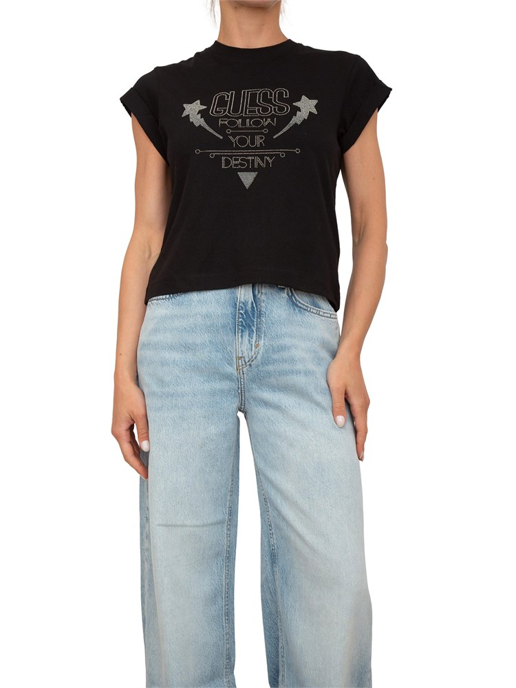 T-shirt donna Guess Jeans in cotone nero con logo strass