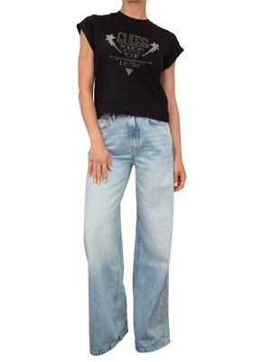 T-shirt donna Guess Jeans in cotone nero con logo strass in DONNA