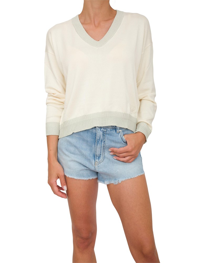 Maglia avorio Liu Jo donna scollo V con bordi lurex e logo ricamato
