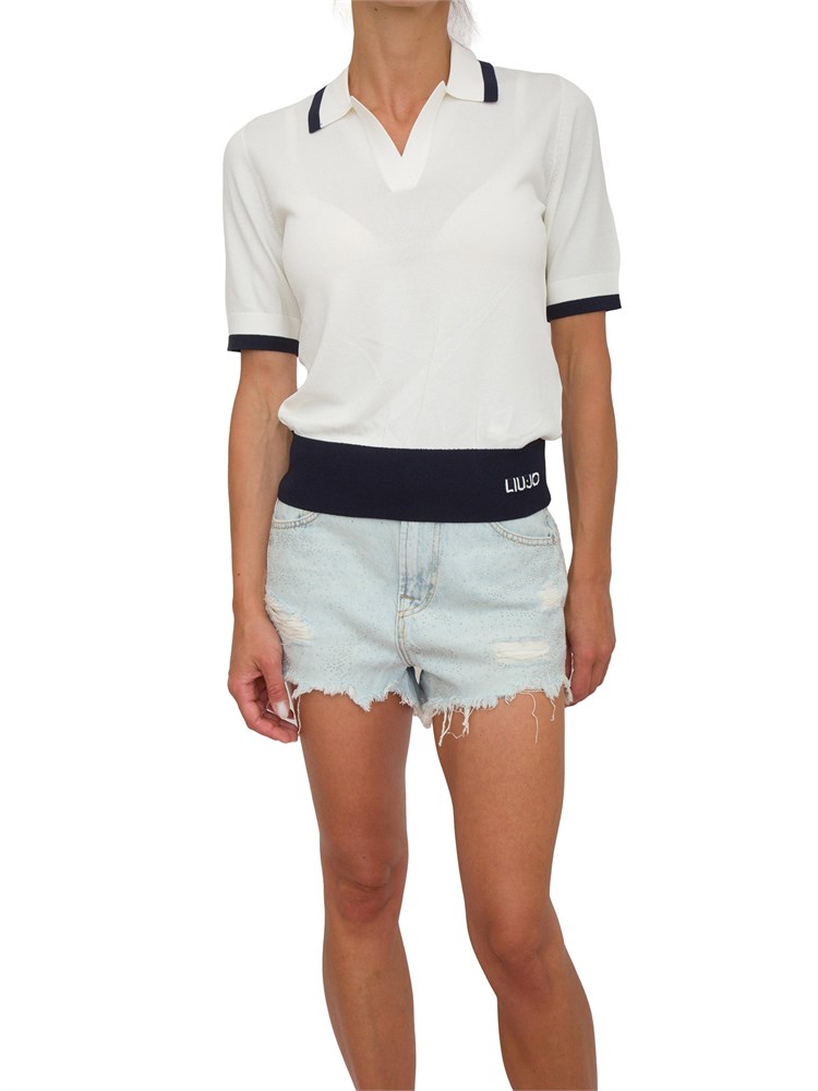 Maglia polo maniche corte Liu Jo donna in viscosa bianco panna con profili blu
