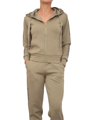 Felpa verde Guess Jeans donna con cappuccio, zip e manica lunga con logo strass. in DONNA