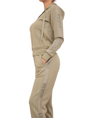 Felpa verde Guess Jeans donna con cappuccio, zip e manica lunga con logo strass. in DONNA