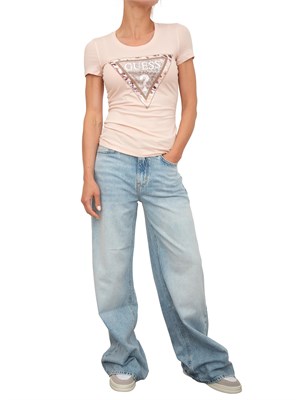 T-shirt rosa Guess Jeans donna con logo strass davanti in DONNA