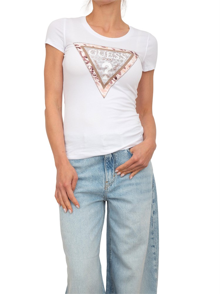 T-shirt bianca Guess Jeans donna con logo strass davanti
