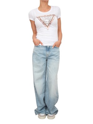 T-shirt bianca Guess Jeans donna con logo strass davanti in DONNA