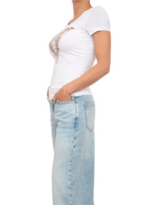 T-shirt bianca Guess Jeans donna con logo strass davanti in DONNA