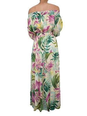 Abito lungo Guess Jeans con spalle scoperte e stampa floreale multicolor con cintura in vita in DONNA