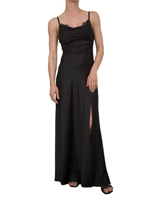 Abito lungo Guess Jeans in raso stretch nero con scollo con pizzo in DONNA