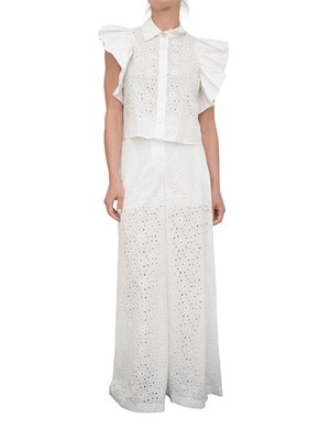 Completo Kocca in pizzo sangallo bianco con pantalone largo e camicia con voulant e bottone gioiello in DONNA