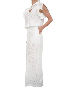 Completo Kocca in pizzo sangallo bianco con pantalone largo e camicia con voulant e bottone gioiello in DONNA