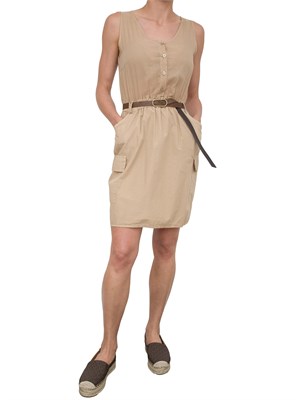Abito corto smanicato in cotone beige con cintura in vita e tasconi laterali in DONNA