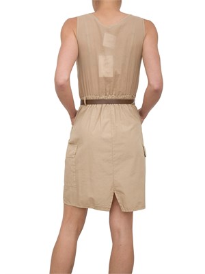 Abito corto smanicato in cotone beige con cintura in vita e tasconi laterali in DONNA