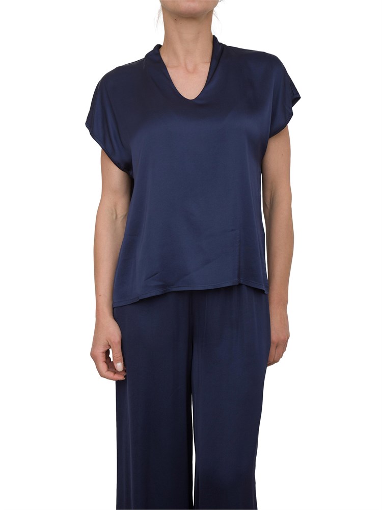 Blusa Kocca in tessuto blu effetto raso con manica scesa e scollo V