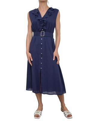 Abito midi Kocca in cotone blu con voulant, scollo a V e cintura in vita in DONNA