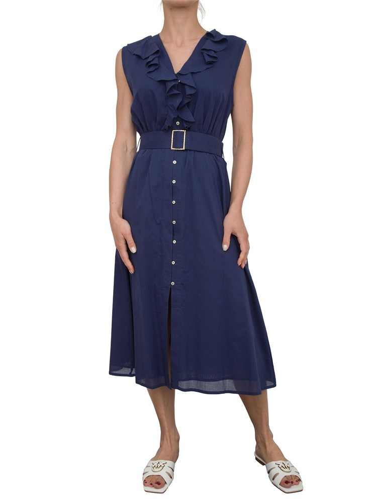 Abito midi Kocca in cotone blu con voulant, scollo a V e cintura in vita