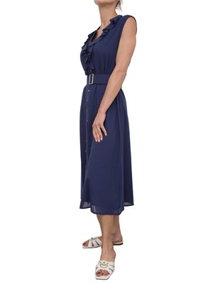 Abito midi Kocca in cotone blu con voulant, scollo a V e cintura in vita in DONNA