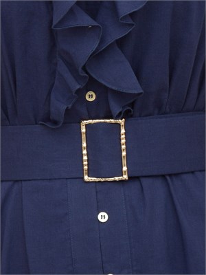 Abito midi Kocca in cotone blu con voulant, scollo a V e cintura in vita in DONNA