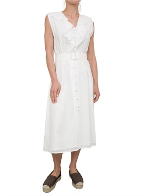 Abito midi Kocca in cotone bianco con voulant, scollo a V e cintura in vita in DONNA