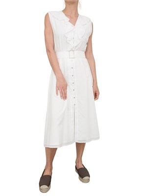 Abito midi Kocca in cotone bianco con voulant, scollo a V e cintura in vita in DONNA