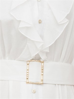 Abito midi Kocca in cotone bianco con voulant, scollo a V e cintura in vita in DONNA