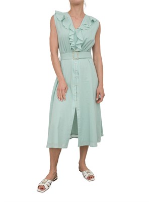 Abito midi Kocca in cotone acquamarina con voulant, scollo a V e cintura in vita in DONNA