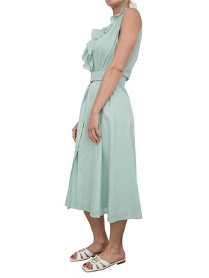 Abito midi Kocca in cotone acquamarina con voulant, scollo a V e cintura in vita in DONNA