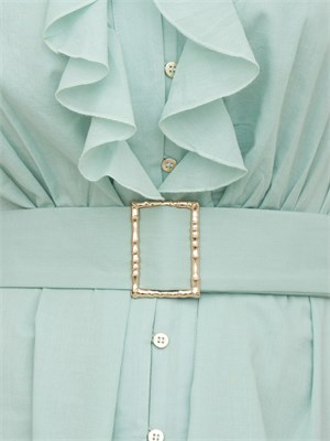 Abito midi Kocca in cotone acquamarina con voulant, scollo a V e cintura in vita in DONNA