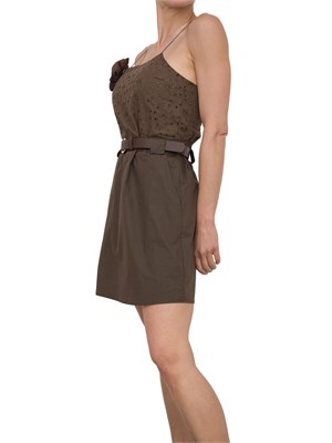 Abito corto Kocca in cotone marrone con pizzo sangallo sopra, fiore, cintura in vita in DONNA