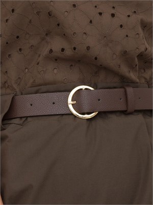 Abito corto Kocca in cotone marrone con pizzo sangallo sopra, fiore, cintura in vita in DONNA