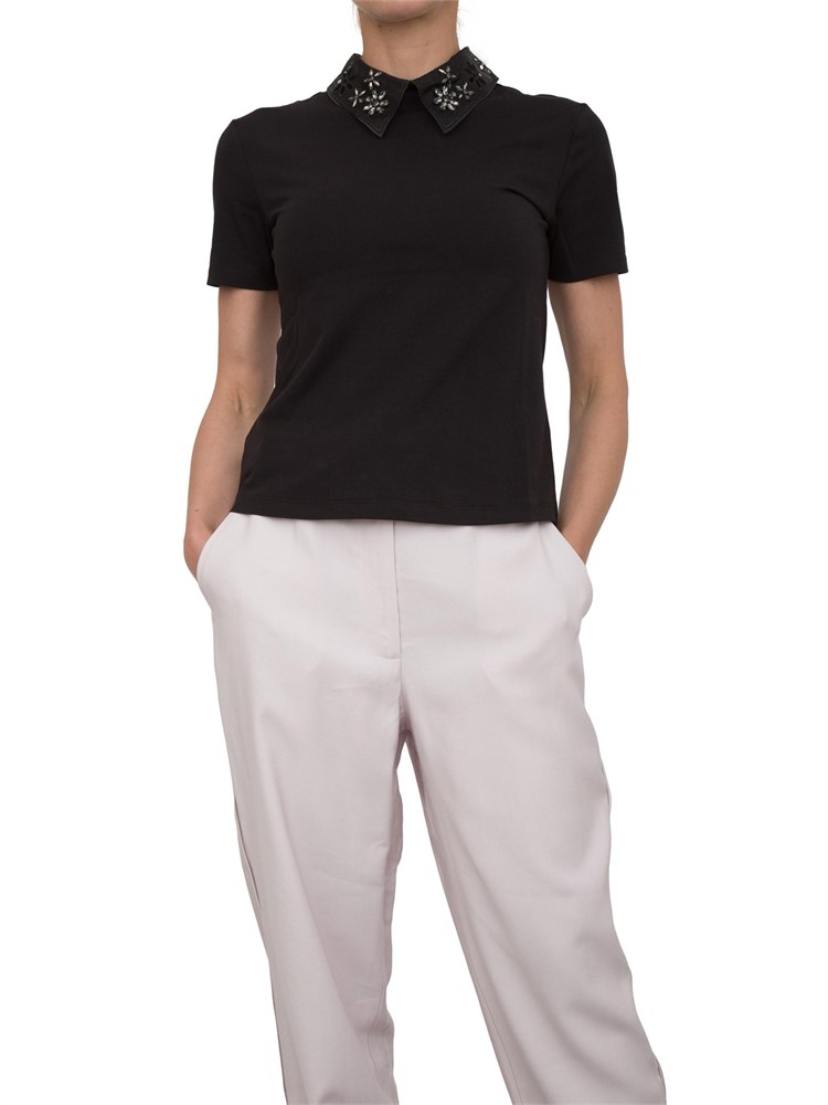 T-shirt Kocca in cotone nero con colletto in organza con applicazioni fiori gioiello