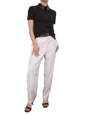 T-shirt Kocca in cotone nero con colletto in organza con applicazioni fiori gioiello in DONNA