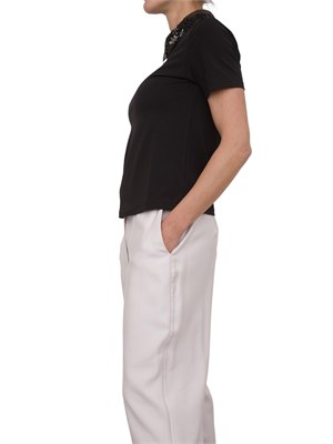 T-shirt Kocca in cotone nero con colletto in organza con applicazioni fiori gioiello in DONNA