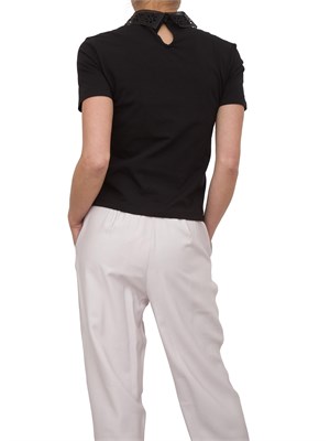 T-shirt Kocca in cotone nero con colletto in organza con applicazioni fiori gioiello in DONNA