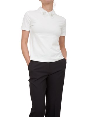T-shirt Kocca in cotone bianco con colletto in organza con applicazioni fiori gioiello in DONNA