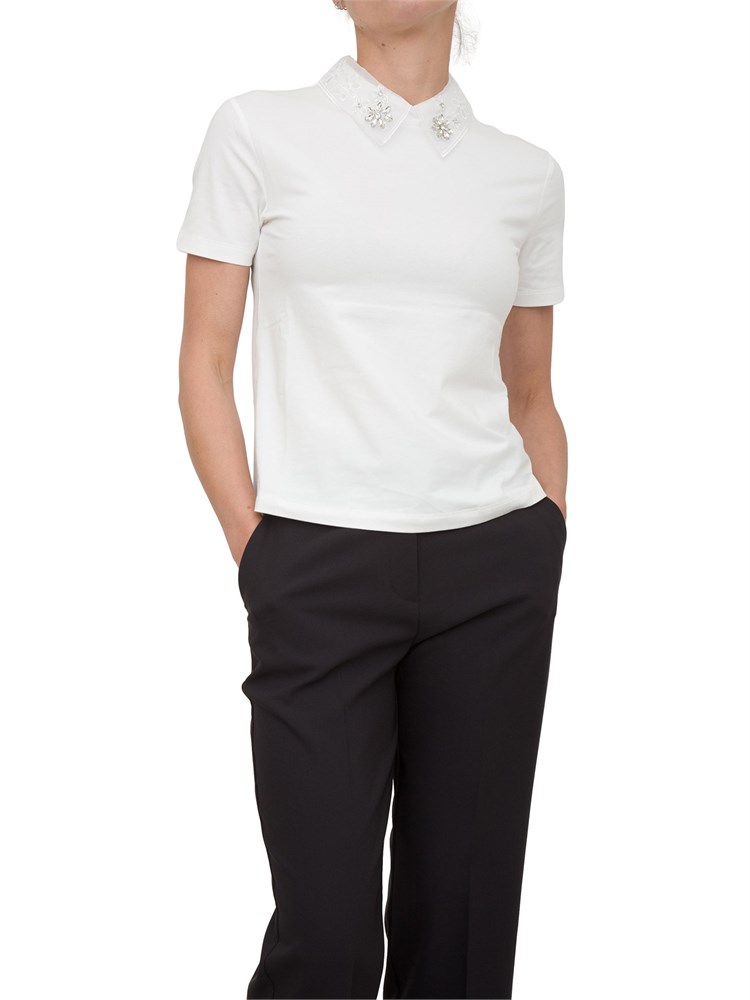 T-shirt Kocca in cotone bianco con colletto in organza con applicazioni fiori gioiello
