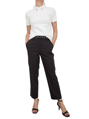 T-shirt Kocca in cotone bianco con colletto in organza con applicazioni fiori gioiello in DONNA