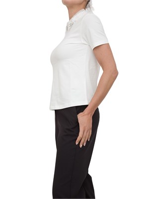 T-shirt Kocca in cotone bianco con colletto in organza con applicazioni fiori gioiello in DONNA