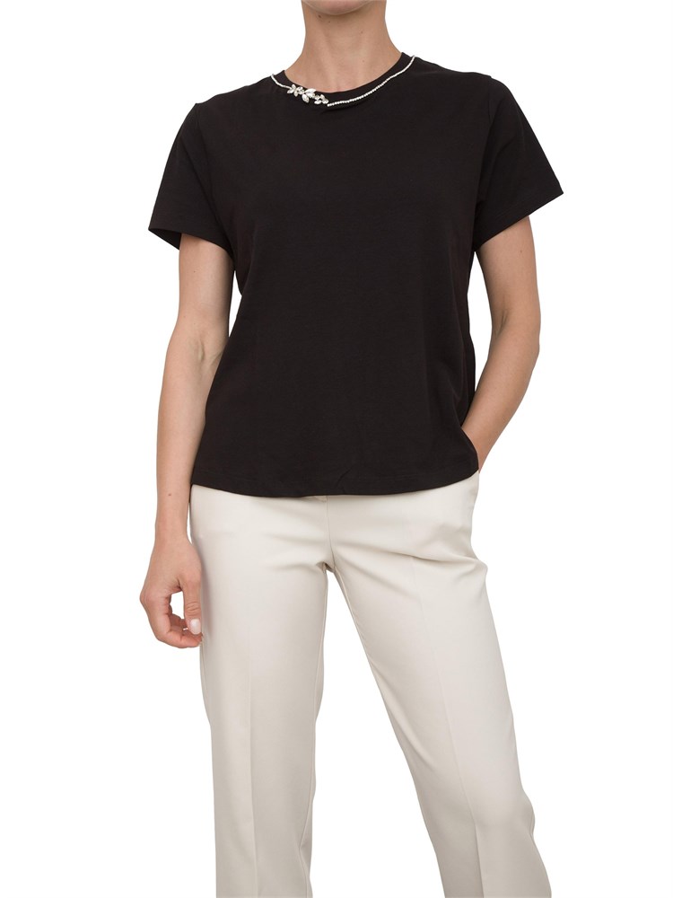 T-shirt nera Kocca con doppio dettaglio in strass sul collo