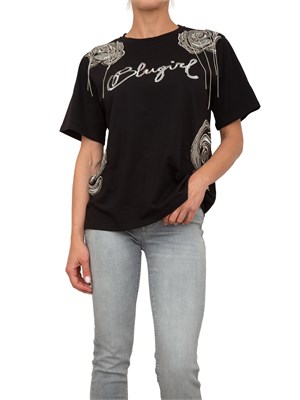 T-shirt nera Blugirl con logo e rose ricamate con paillettes e strass in DONNA