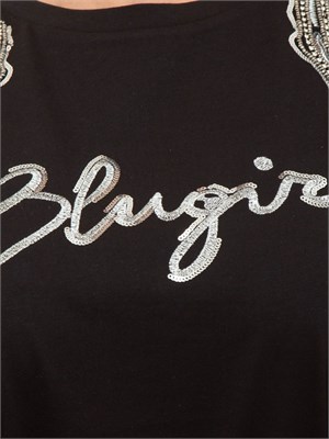 T-shirt nera Blugirl con logo e rose ricamate con paillettes e strass in DONNA