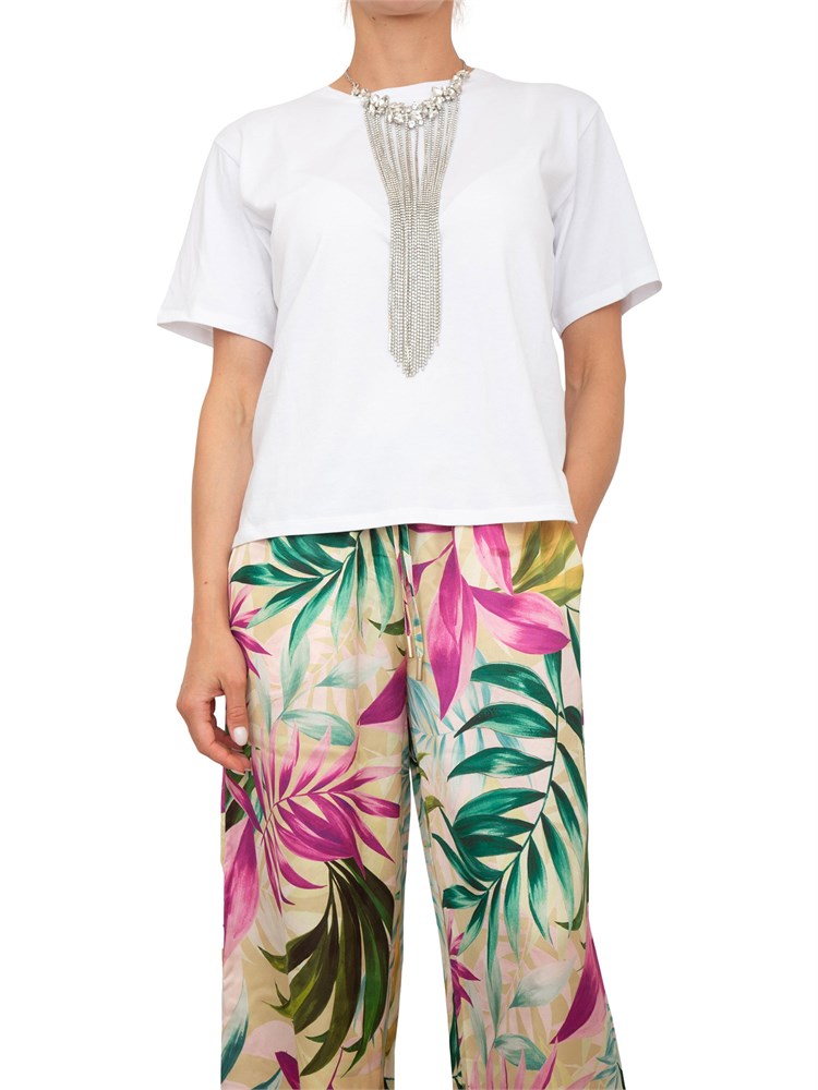 T-shirt Blugirl in cotone bianco con collana di cristalli a frange