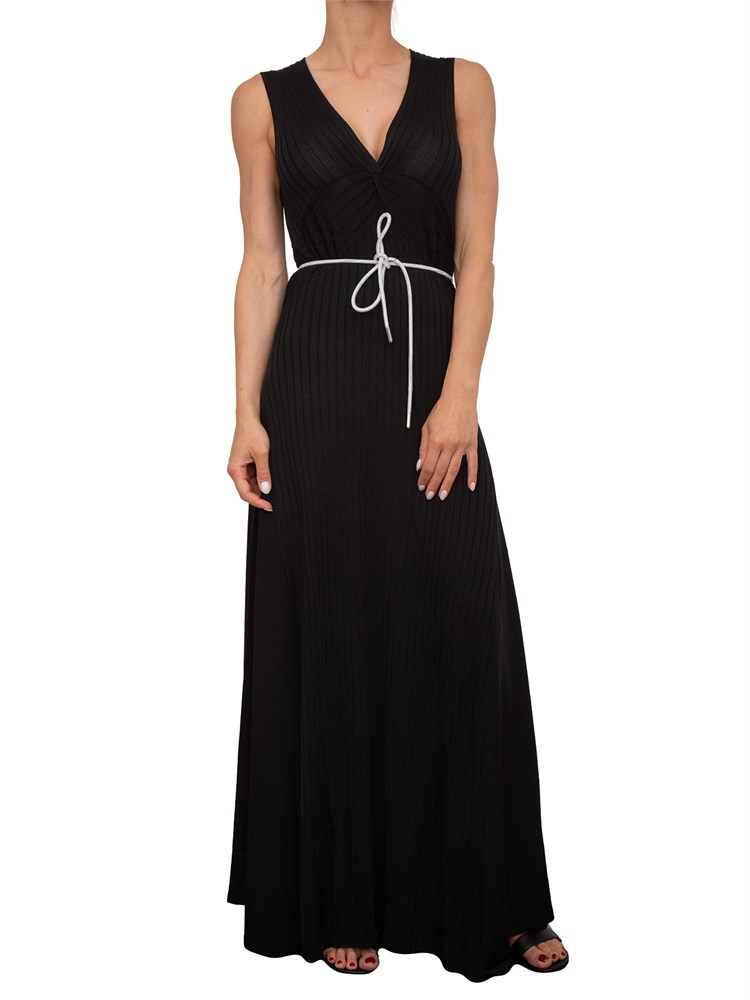 Abito lungo Blugirl in costa lucida nera con drappeggio e collana