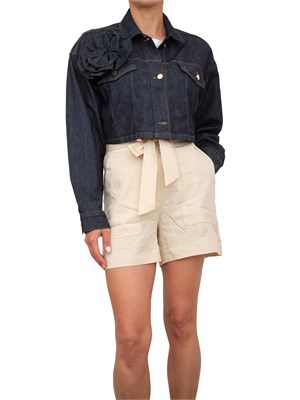 Giacca cropped Blugirl in denim scuro con spilla fiore rimovibile in DONNA