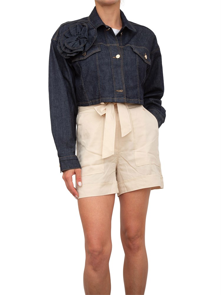 Giacca cropped Blugirl in denim scuro con spilla fiore rimovibile