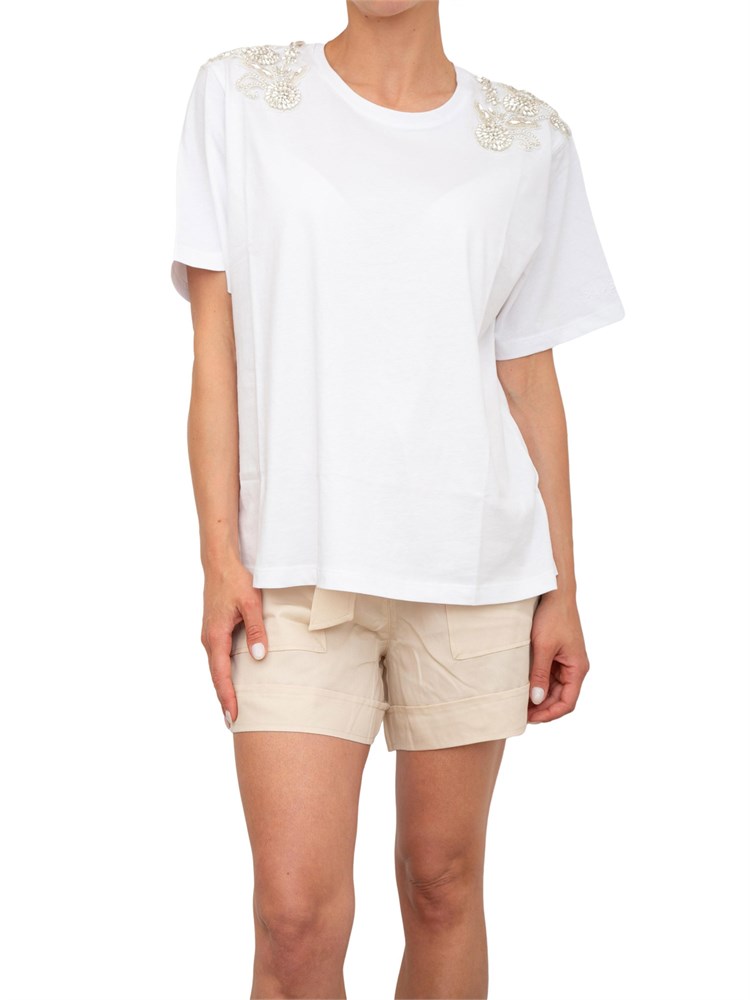 T-shirt Blugirl in cotone bianco con patch gioiello su spalle